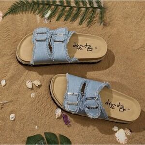 Rep Step Women's Denim Platform Slide Sandals Buckle Frayed Size 7.5